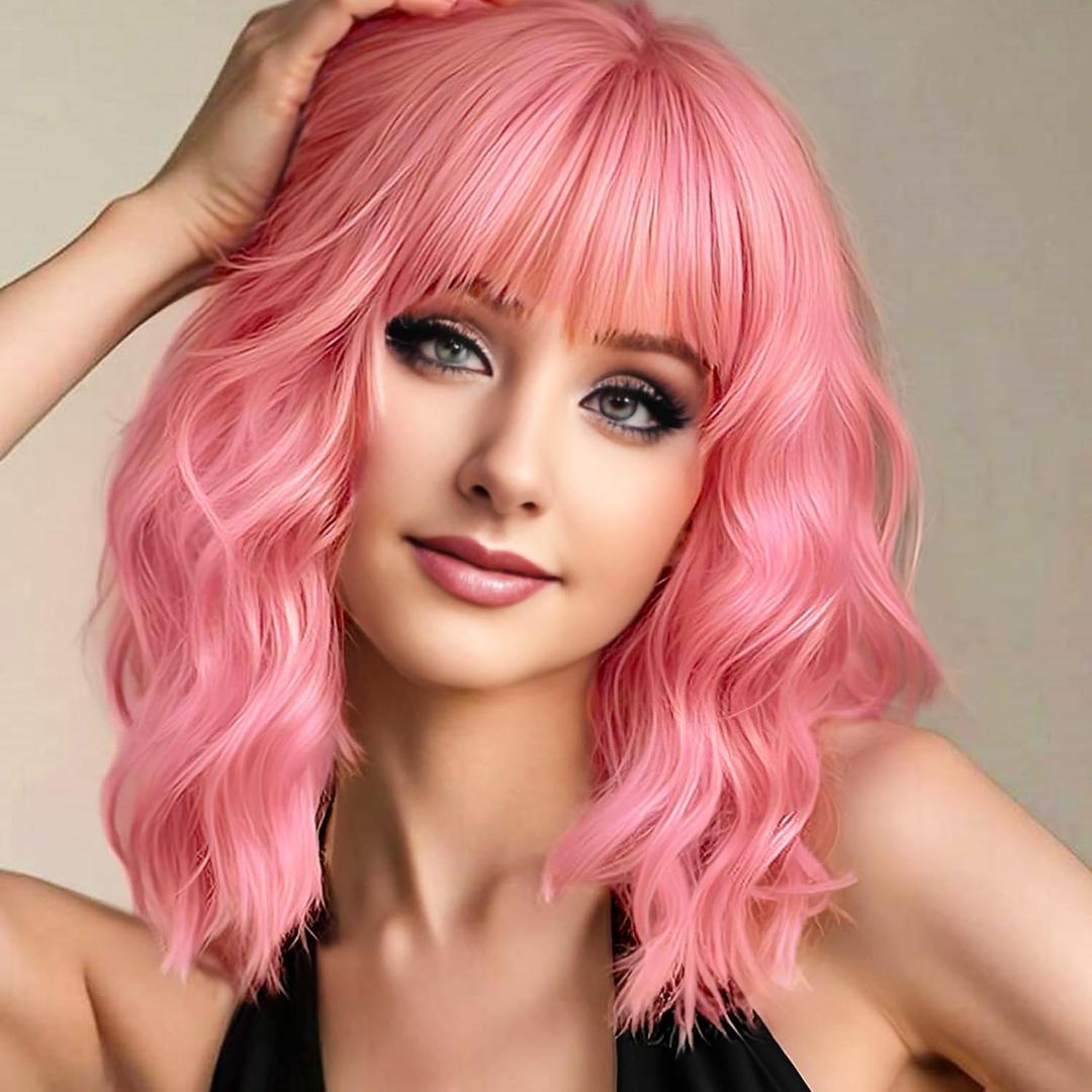 AGO Pink Wigs Short Wavy Hair Pastel Bob Wig with Bangs Shoulder Length Synthetic Hair for Women Girl Colorful Cosplay Wig Synthetic Heat Resistant Fiber for Daily Party Halloween Use (Pink)