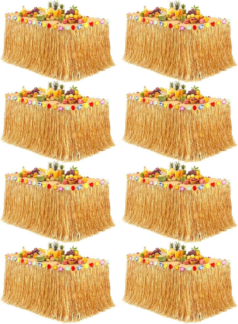 Fovths 8 Pack Luau Grass Table Skirt 9 Feet x 29.5 Inch Hawaiian Grass Table Skirt with Flowers Natural Hawaiian Party Decorations for Luau Birthday Summer Beach Party Supplies, Dark Straw Yellow
