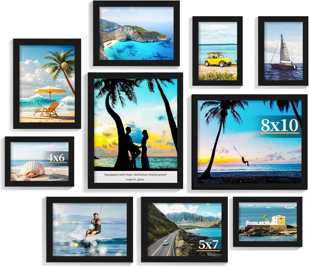 PEALSN 10 Pack Collage Picture Frames, Gallery Wall Frame Set with Two 8x10, Four 5x7, and Four 4x6, Multiple Photo Frames for Wall Gallery Decor, Black
