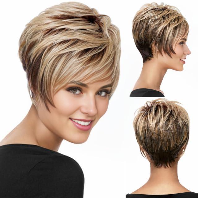 RENERSHOW Short Wigs for White Women Layered Brown Ombre Blonde Pixie Wig Synthetic Short Hair Wig with Bangs Mix Color Natural Looking Daily Party brown to blonde