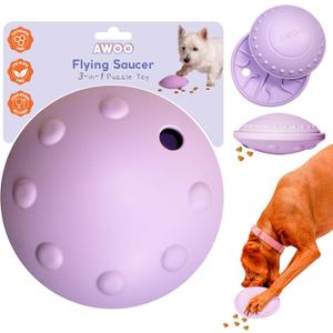 Awoo Flying Saucer Toy - 3-in-1 Silicone Dog Treat Puzzle, Lick Mat and Slow Feeder - for Wet and Dry Food - Dishwasher Safe Pet Toy - Enrichment Game for Dogs from 30 to 90 lbs - Large (Lavender)