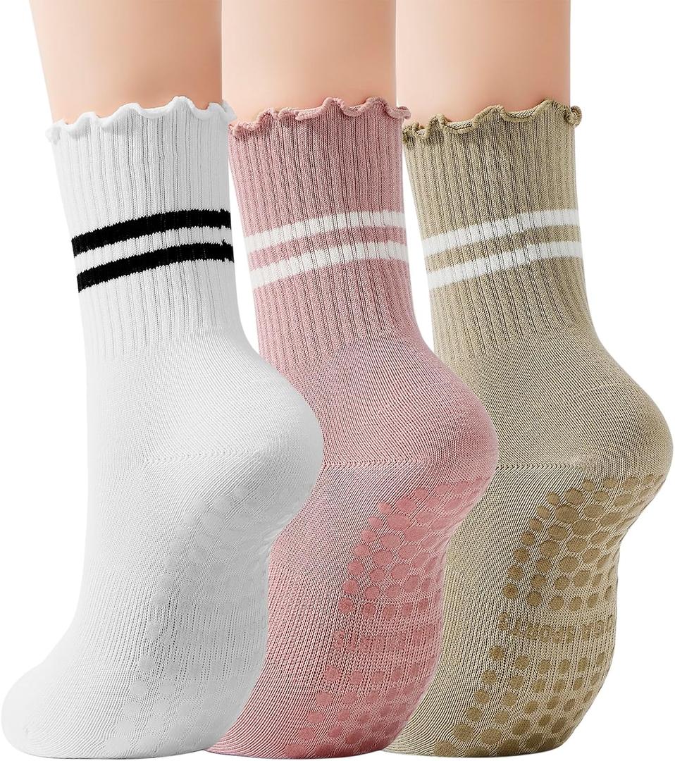 American Trends Pilates Crew Socks for Women with Grips, Non Slip Ruffle Sock for Yoga Barre and Workout