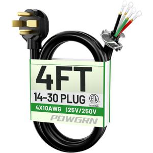 POWGRN 30 Amp 4 Prong Dryer Cord 4 FT Black, 10/4 Gauge Appliance Dryer Power Cord NEMA 14-30P to 4-Wire, Pure Copper Wire, ETL Listed