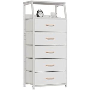 Furnulem White Dresser with 5 Drawers, Vertical Storage Tower Fabric Dresser for Bedroom, Hallway, Entryway, Nursery, Closet Organizer, Nightstand Bedside Table Furniture, Sturdy Steel Frame, Wood Top