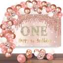 Happy 1st Birthday Banner Backdrop Decorations with Confetti Balloon Garland Arch, Rose Gold One Birthday Banner Balloon Set for Girls, Pink 1 Year Old Bday Poster Photo Booth Decor