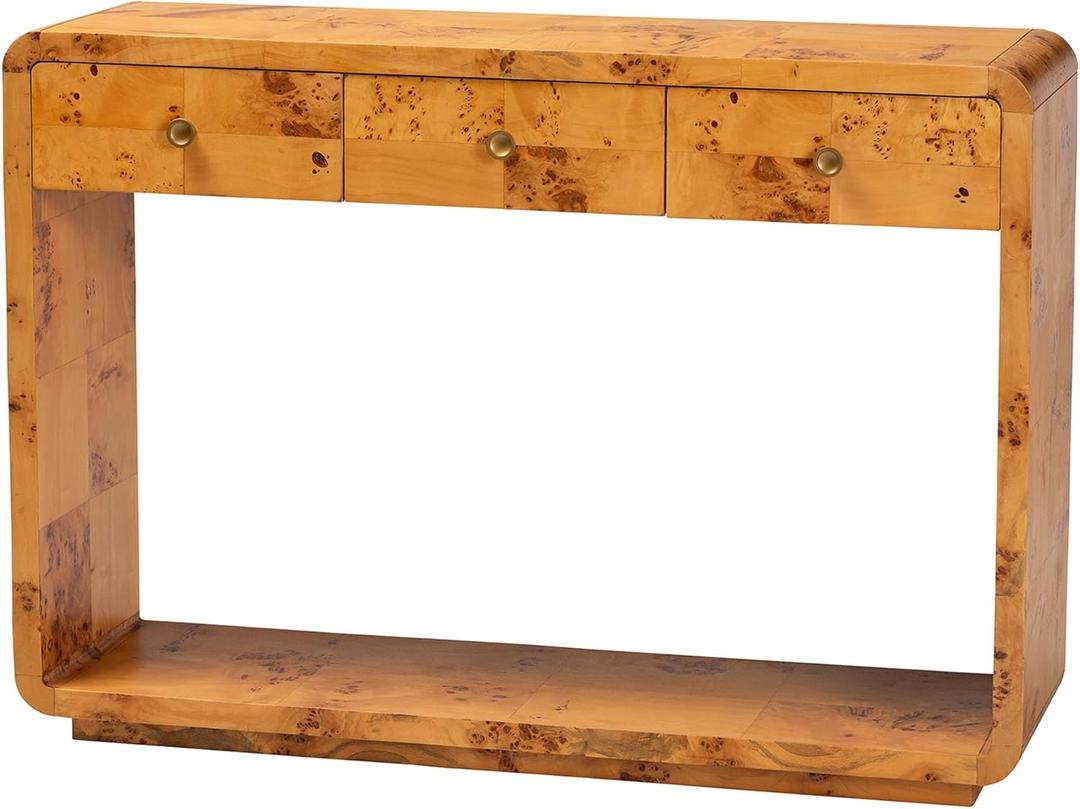 bali & pari Netra Real Burl Wood Console Table, 3-Drawer, Orange Mappa