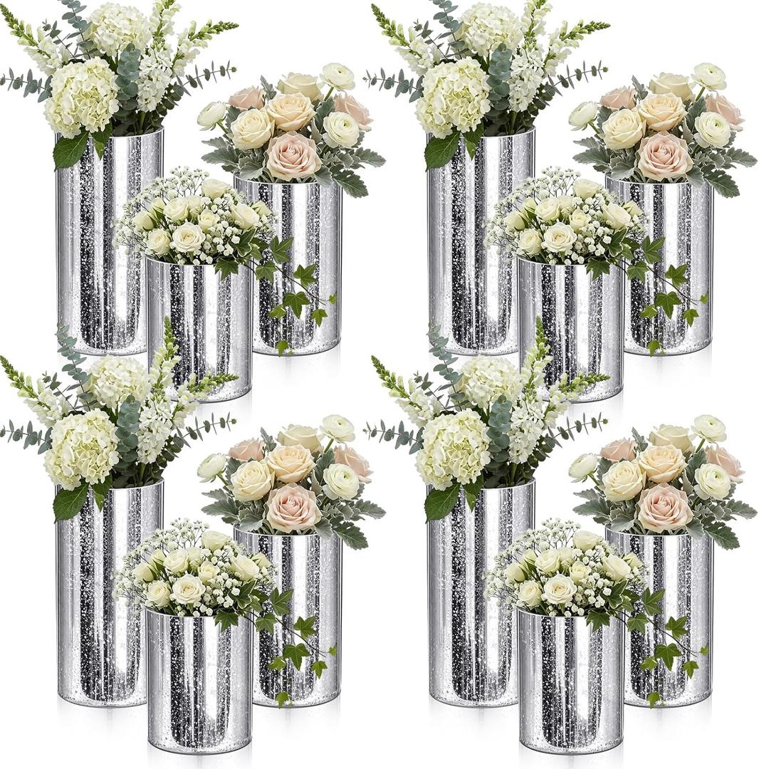 12 Pcs Silver Cylinder Vases for Centerpieces Mercury Vase Hurricane Vase Bulk Acrylic Round Wide Container for Flowers Home Office Wedding Table Decorations (4''/6''/8'')