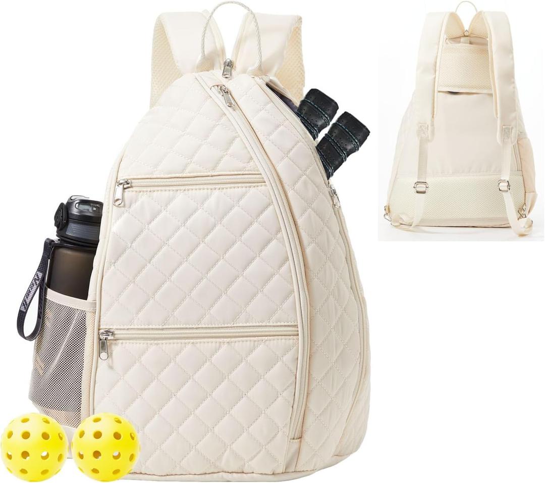 Pickleball Bag for Women Pickelball Backpack Large Quilted Sling Bags, Holds Pickleball Paddles Tennis Racket (Beige)
