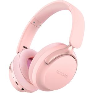 RORSOU B8 Bluetooth Headphones Over Ear, 6 EQ Music Modes and 50H Playtime Deep Bass Wireless Headphones with Mic, Lightweight Folding HiFi Stereo Headset for iPad/Travel/Tablet/PC/Home Pink