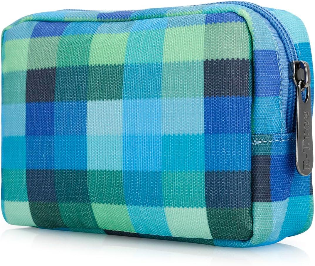 E-Tree Cute Small Makeup Bag, Cosmetic Toiletry Make up Little Items Pouch for Purse, Zipper Mini Tech Charger Cable Electronic Organizer Case, Travel Accessories for Women Men Teen, Blue Checkered