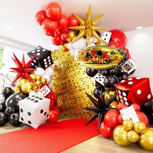 Casino Balloon Arch Garland Kit,149Pcs Casino Balloons Set Red Black and Gold Balloon with Dice, Star Foil Balloons for Casino Birthday Las Vegas Themed Game Night Poker Party Decorations