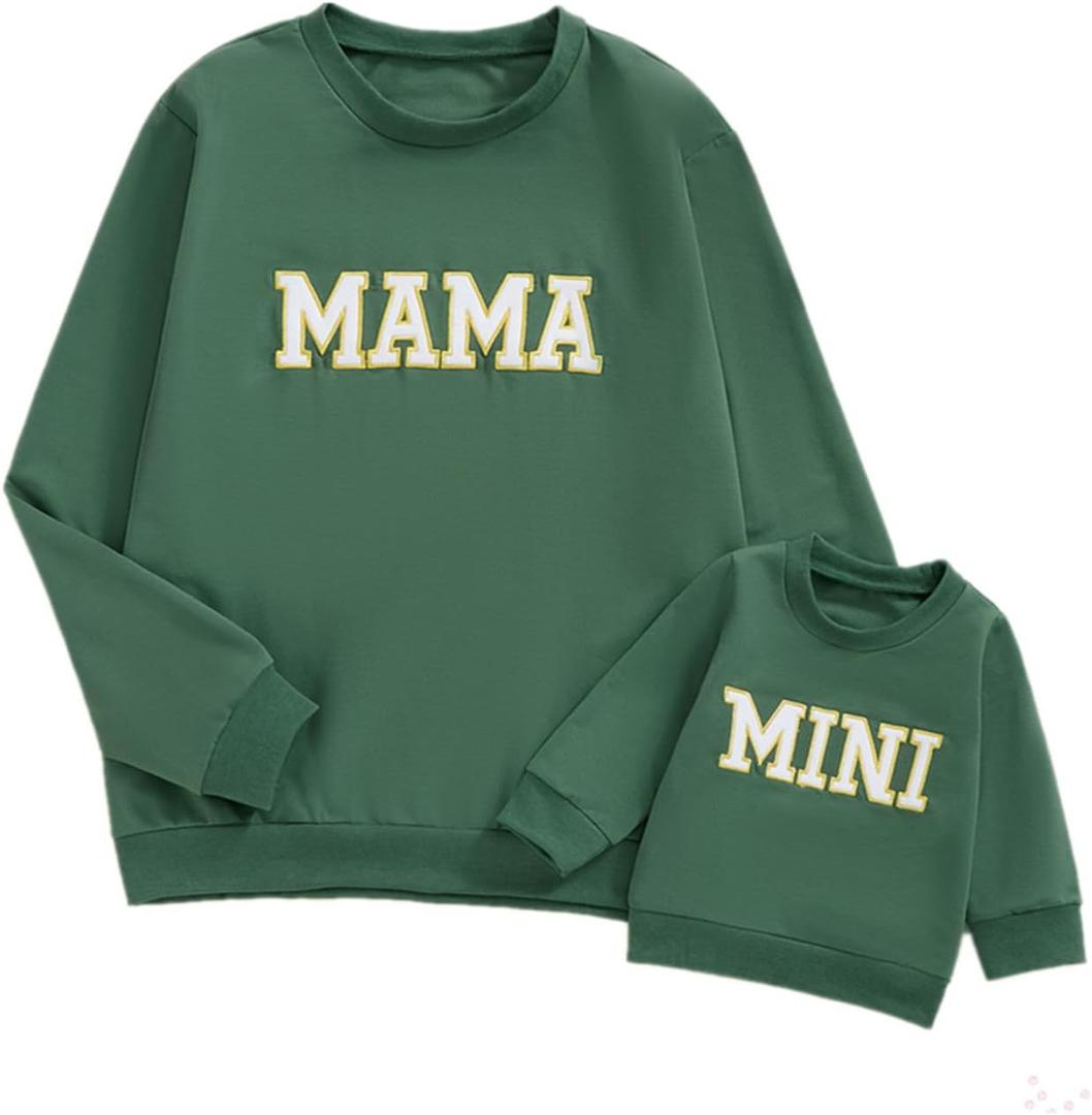 Covvoliy Mommy and Me Letter Print Matching Family Outfits Long Sleeve Crewneck Casual Sweatshirt T-Shirt (Women, M, Mini Green)