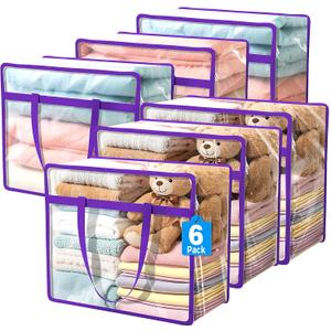 Budding Joy 6 Pack Clear Zippered Storage Bags for Clothes,40L Closet Organizers and Storage Containers Vinyl Moving Bag for Bedding, Linen, Blankets, Comforters, Clothing & Toys (Purple)