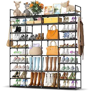 Kottwca 4 Row 10 Tier Large Shoe Rack Organizer for Closet Entryway, 7280 Pair Shoe Boot Storage Rack, Metal Shoe Shelf Big Vertical Stackable Shoe Stand for Bedroom Corner