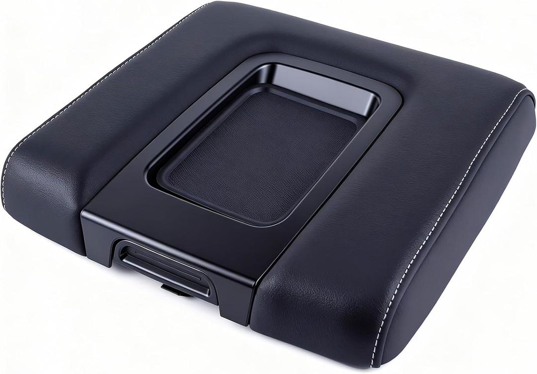 Front Center Seat Black Leather Armrest Lid Cover With Liner Mat Compatible with Cadillac Escalade ESV for Chevy Silverado 1500 2500 3500 Suburban Tahoe for GMC Sierra Yukon XL - Replace 22881398