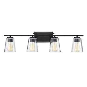 YKLITG 33.75" Vanity Light for Bathroom,4-Light Black and Gold Bathroom Vanity Light Over Mirror with Clear Glass Shade,Modern Brushed Wall Sconce for Dressing Room,Hallway,Kitchen(Trapezoid)