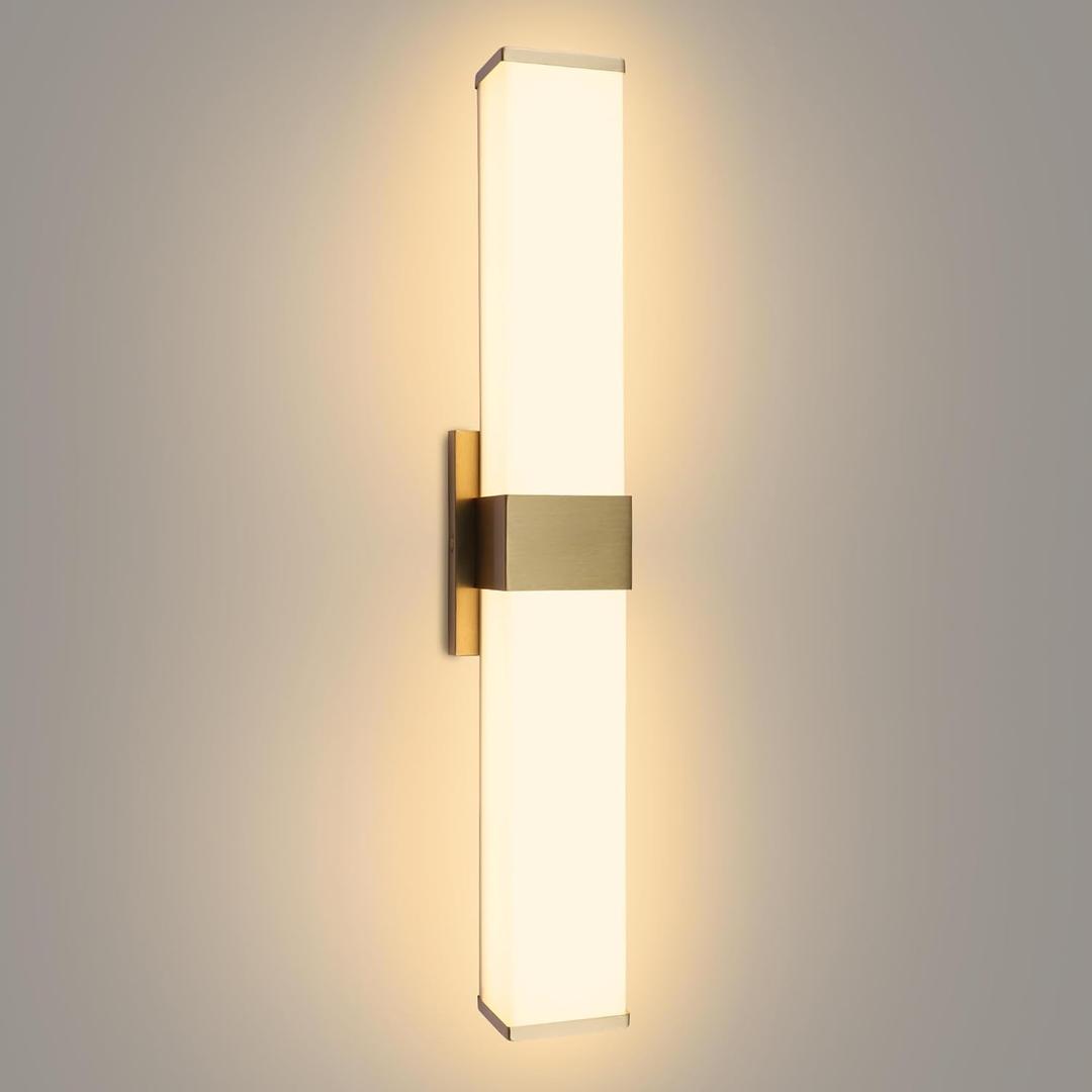 Kalium 24in Modern Wall Sconces, Dimmable Bathroom Vanity Lights, 3000K Warm White LED Indoor Sconces Lighting for Bathroom, Stairs, Living Room, Bedroom. Hardwired. (24 INCH-Rectangle, Gold)