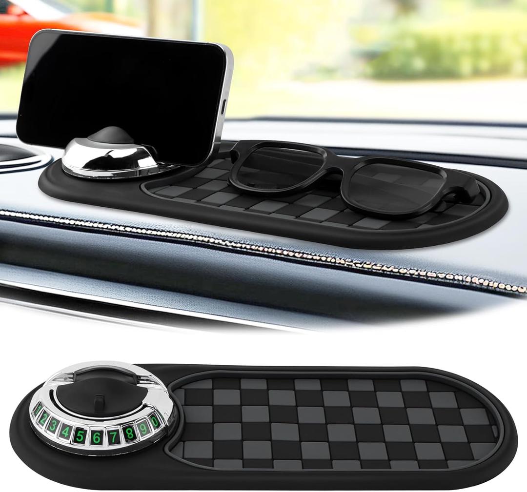 Multifunction Car Anti-Slip Mat, Car Dashboard Mobile Phone Holder, Anti Slip Mat Phone Holder and Temporary Parking Number Pad - Secure Storage for Sunglasses, Keys, Gadgets (Black)