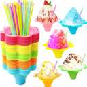 Szsrcywd 200Pcs 4oz Colorful Snow Cone Cups with Spoon Straws,Flower Shaped Ice Cream Snacks Cup Reusable Plastic Bowls Easy Grip for Kids Birthday Summer Holiday Party