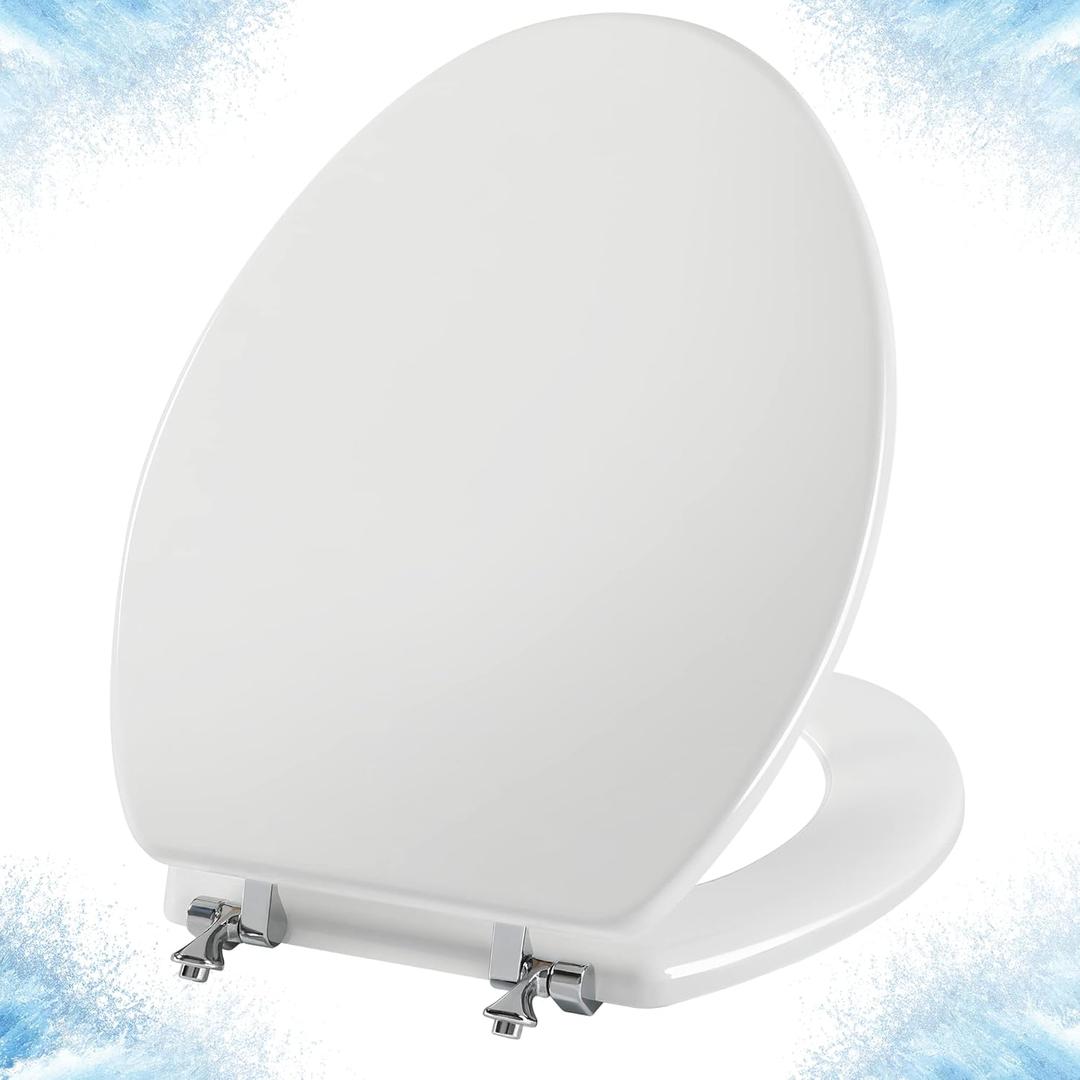Elongated White Toilet Seat Natural Wood Toilet Seat with Zinc Alloy Hinges, Easy to Install also Easy to Clean, Scratch Resistant by Angol Shiold (Elongated, White)