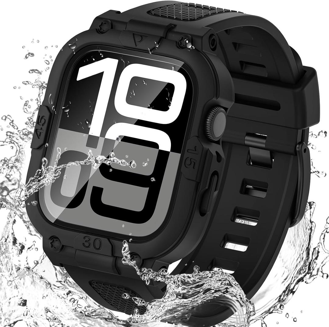Goton 3 in 1 Waterproof Case with Band for Apple Watch with Built-in Tempered Glass Screen Protector 46mm, 360 Shockproof Bumper Face Cover with Band for Apple Watch Series 11 Series 10, 46mm (Matte Black)