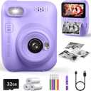 Kids Instant Print Camera, 3.0-inch HD Screen 32MP Photo Instant Digital Camera Christmas Birthday Gifts Toys for Children Girls Boys Age 3-12 - Purple
