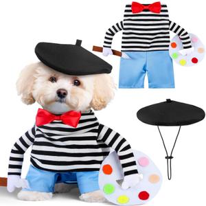 Dansydaisy Halloween Dog Costume Funny French Artist Dog Costume with Hat Painter Pet Clothes T-Shirt Jeans Beanie Beret Ties for Halloween Cosplay Brithday Party(S)