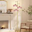 QIYIZM Pink Floor Lamp for Living Room,Bedroom,Gold Mid Century Modern Standing Lamp Brass Tree 3 Light Tall Floor Lamps Vintage Retro Floor Lights Glass Flower Lamp Shade Farmhouse Boho Bohemian