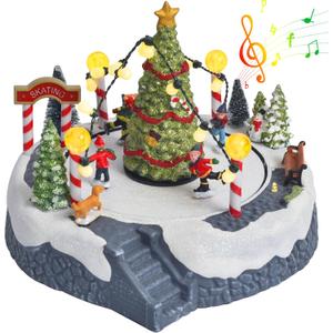 Christmas Village Ice Skating Rink Animated Decorations, Lighted Musical Winter Snow Village Building Figurine with Christmas Tree and Skaters, LED Light Up Holiday Indoor Town Decor