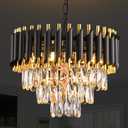 Modern Crystal Chandeliers 15.7Gold Contemporary Crystal Ceiling Lights Fixtures 3-Tiers 5 Lights Black Round Chandelier Pendant Light Fixtures for Entryway Living Room Dining Room Bedroom Foyer