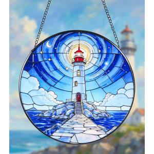 Stained Glass Window Hanging Suncatchers with American White a Serene Lighthouse 12.6", Vibrant Glass Panel with Metal Chain for Home Decor Gift for Women Mother's Day, Birthday, Men, and Mom