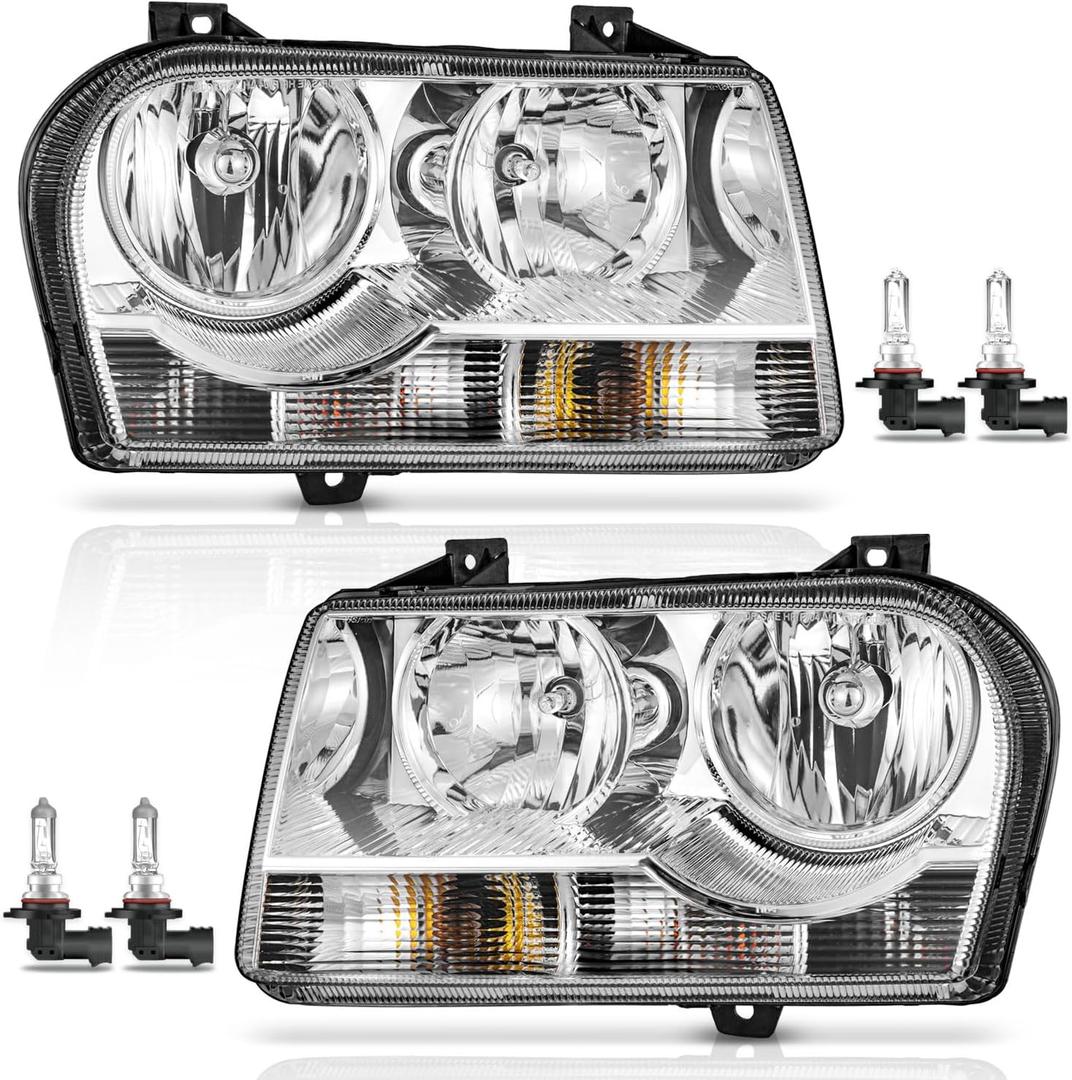 WEELMOTO Headlights for 2005-2010 Chrysler 300 Trims Only 4-Dr, Not Fit 300C, Not Fit Hid, Headlight Assembly Compatible with 05 06 07 08 09 10 Chrysler 300 Trims with Bulbs (OE Replacement, Clear Lens I Chrome Housing I Amber Reflector)