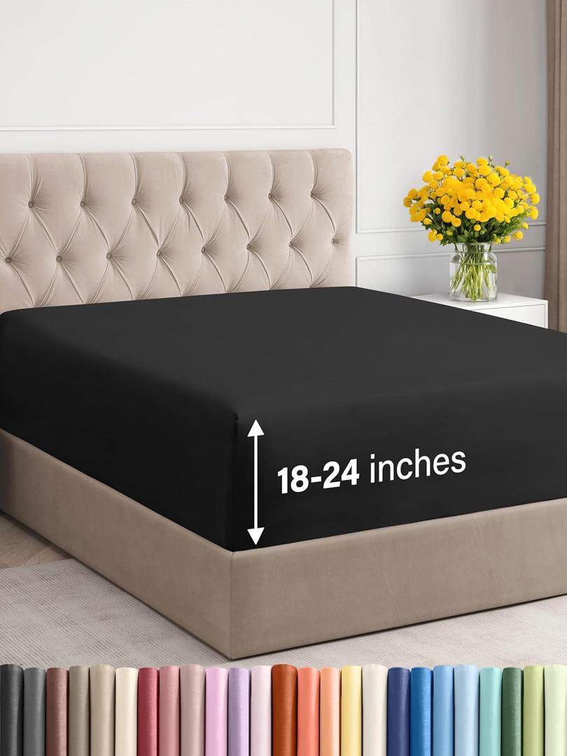 Extra Deep King Fitted Sheet - Hotel Luxury Single Fitted Sheet Only - Easily Fits 18 inch to 24 inch Mattress - Ultra Soft, Wrinkle Free w/Extra Deep Pockets - Easy-Care, Breathable & Comfy - Black