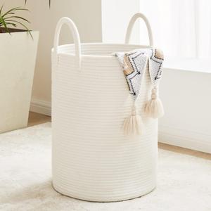 White Woven Rope Laundry Basket, 58L Tall Laundry Basket for Blanket Storage, Large Baby Nursery Hamper for Laundry, Decorative Clothes Hamper for Bedroom, Living Room (Beige)