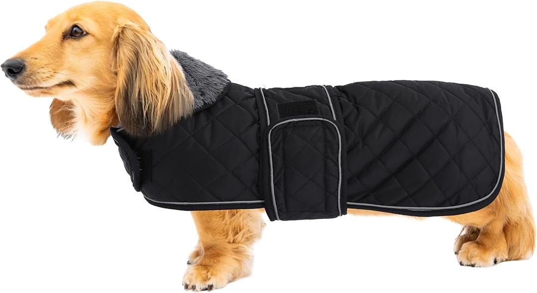 Geyecete Warm Thermal Quilted Dachshund Coat, Dog Winter Coat with Warm Fleece Lining, Outdoor Dog Apparel with Adjustable Bands for Medium, Large Dog-Black-S