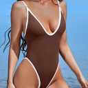 ESONLAR Women's Sexy Plunging V Neck Bathing Suit Open Back One Piece Swimsuits (Brown, S)