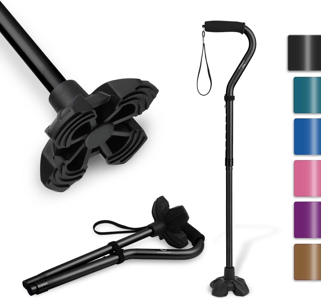 KINGGEAR F1 Walking Stick, Walking Cane for Women & Men with Wrist Strap, Lightweight & Sturdy Offset EVA Handle, Large Quad Base, Self Standing for Seniors and People with Injuries & Recovery (Black)