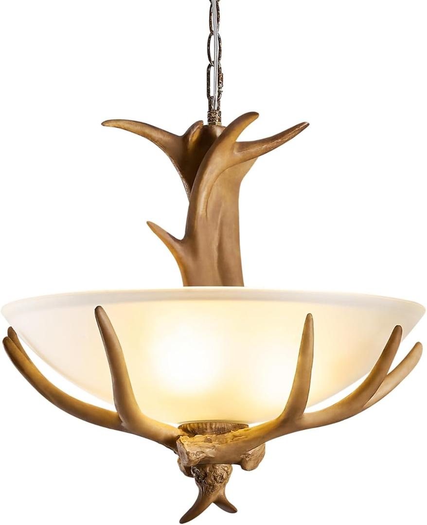 Antler Chandelier, 3-Light Rustic Antler Pendant Lights Kitchen Island, Resin Dining Room Lighting Farmhouse Glass Chandeliers for Bedroom Restaurant Foyer Entryway(Glass +3 Antlers)