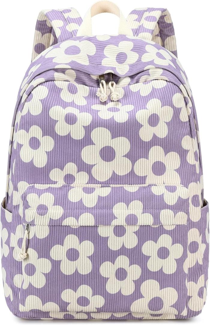 School Backpack for Teen Girls Bookbags Elementary High School Corduroy Laptop Bags Women Travel Daypacks (Beige Flower Purple Background)