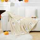 Halloween Ghost Throw Blanket 50x60, Ultra Soft Velvet All-Season Decorative Blankets with 3D Embroidered Ghost, Hidden Zipper for Duvet Insert, Cozy Bed or Sofa Blanket (White)