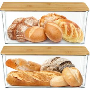 2 Pcs Clear Bread Box with Bamboo Board Lid for Kitchen Countertop, Bread Storage Container for Homemade Bread