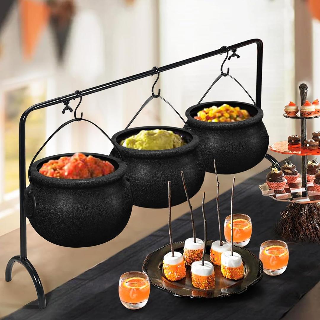 ORIENTAL CHERRY Halloween Decor - Halloween Party Decorations - Set of 3 Witches Cauldron Serving Bowls on Rack - Black Plastic Cauldron for Indoor Outdoor Home Kitchen Decoration