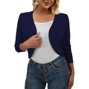 Women's Chic And Elegant Short Cardigan With Open Front, 3/4 Sleeves, Knitted Lightweight Short Jacket, Women's Chic For Weddings, Boleros Women Fine Wool, Size L