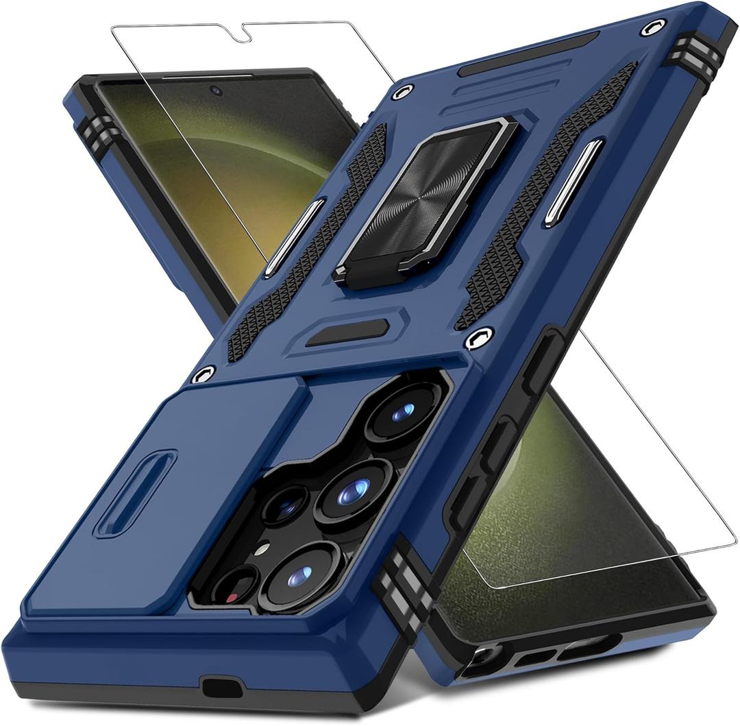 DEERLAMN Case for Samsung Galaxy S25 Ultra with Slide Camera Cover+Screen Protector (1 Pack), Rotated Ring Kickstand Military Grade Shockproof Protective Cover-Navy Blue (S25 Ultra-6.9 Inch)