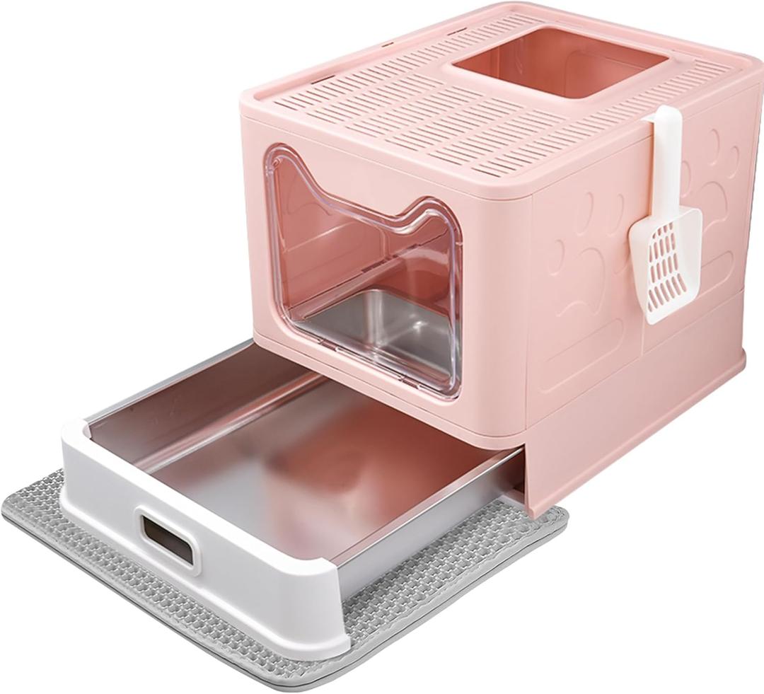 Tehoao Enclosed Cat Litter Box with Lid Top Exit Covered Metal Stainless Steel Litter Box Leak Proof & Odorless Easy to Clean Including Cat Litter Scoop and Litter Mat (Pink)