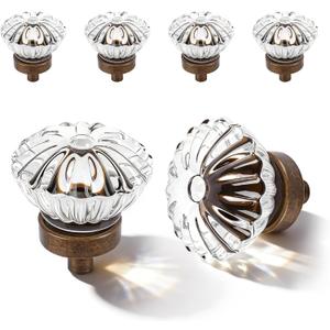 Crystal Cabinet Knobs Cabinets Knob, 4 Pack Flower Antique Brass Vintage Glass Clear Crystal Small Pull for Closet Dresser Drawers Cupboard, Retro Pulls Old Style Bronze Drawer Handle