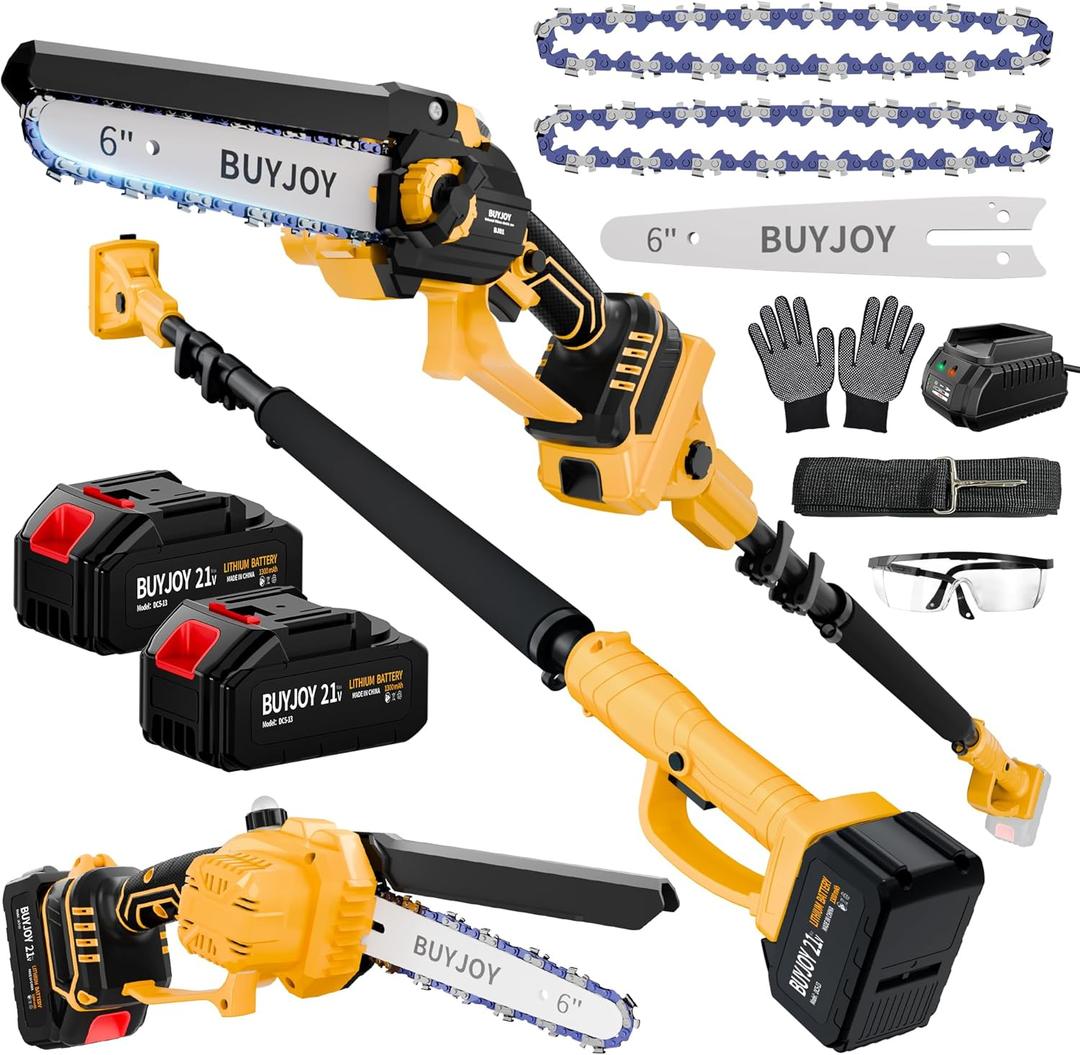 2-in-1 Electric Pole Saws for Tree Trimming, 6 Inch Mini Chainsaw Cordless with Extension Pole, 2 x 1300mAh Batteries,Battery Powered Pole Chain Saw, Tree Trimmer Limb Branch Cutter Pruner (Yellow)