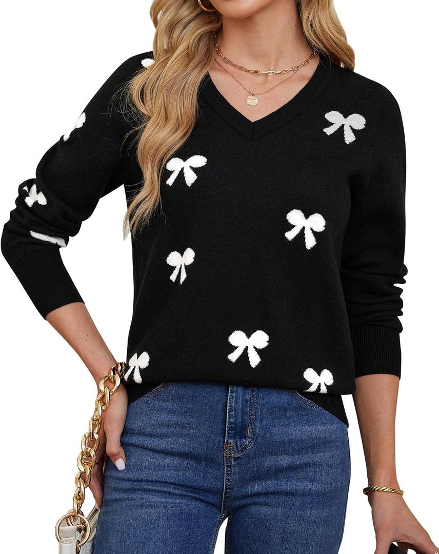 Womens V Neck Knit Sweaters Long Sleeve Lightweight Pullover Printed Cute Tops Winter Casual Fashion Outfits (Large, Black)