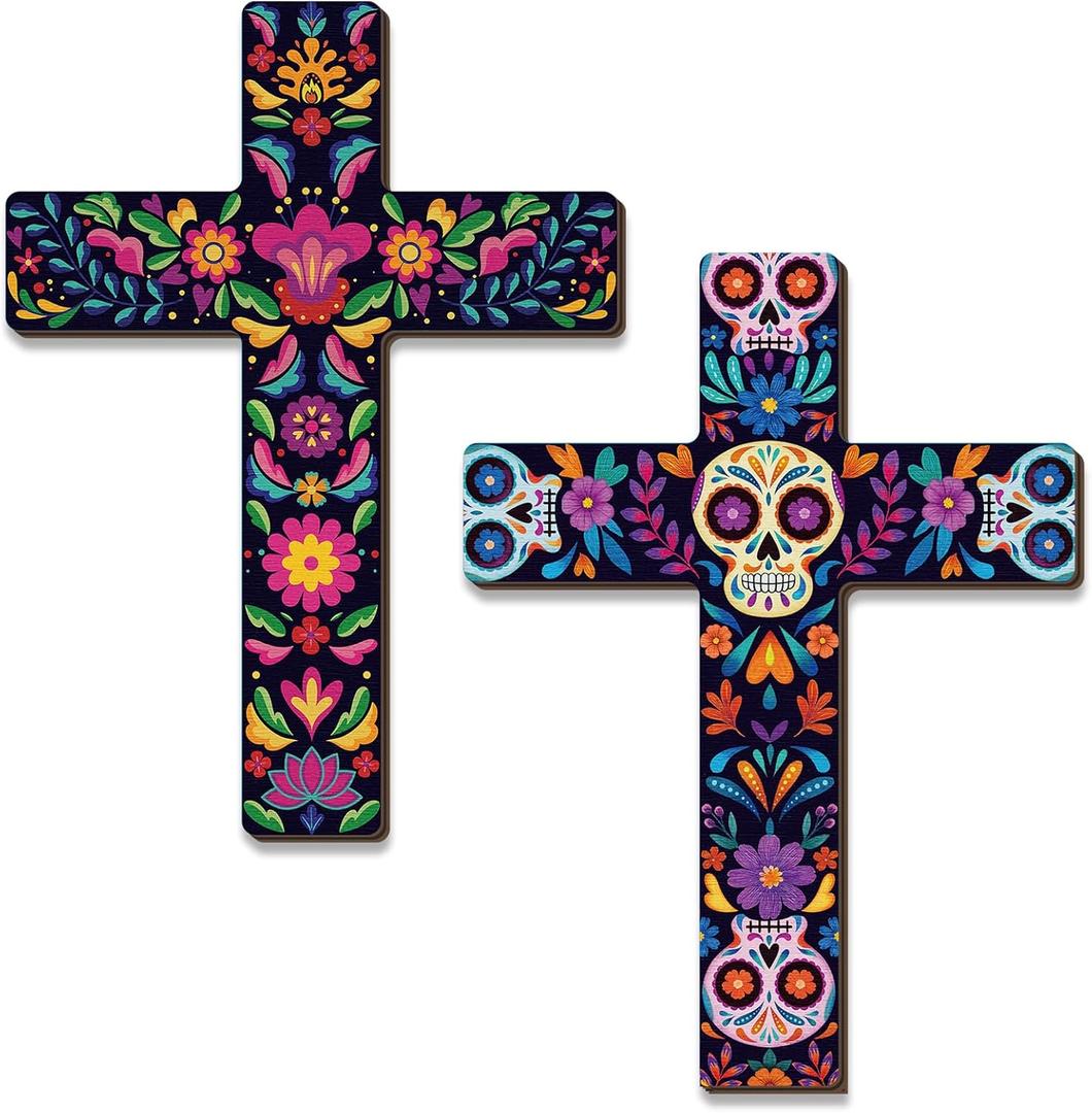 Pinkunn 2 Pcs Mexican Cross Wall Decor Floral Day of The Dead Decoration Hand Painted Wood Wall Art Da De Los Muertos Altar Decorations Spanish Cross Decor for Home(Sugar Skeleton)