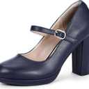 IDIFU IN4 Mary Jane Shoes Closed Toe Heels Platform High Chunky Block Heels Women's Pumps Comfortable Dress Shoes for Women Wedding Bridal Work Fashion Round Toe Pumps Shoes (9.5, Navy Blue Pu)